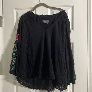 EUC 1X Anthropologie Black Shirt with Floral Embroidered Sleeves
